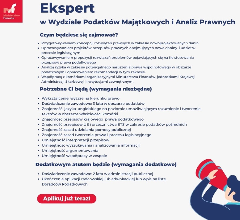 Ekspert w Wydziale Podatków Majątkowych i Analiz Prawnych