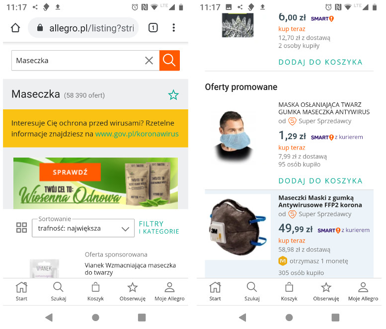 Maseczki na Allegro